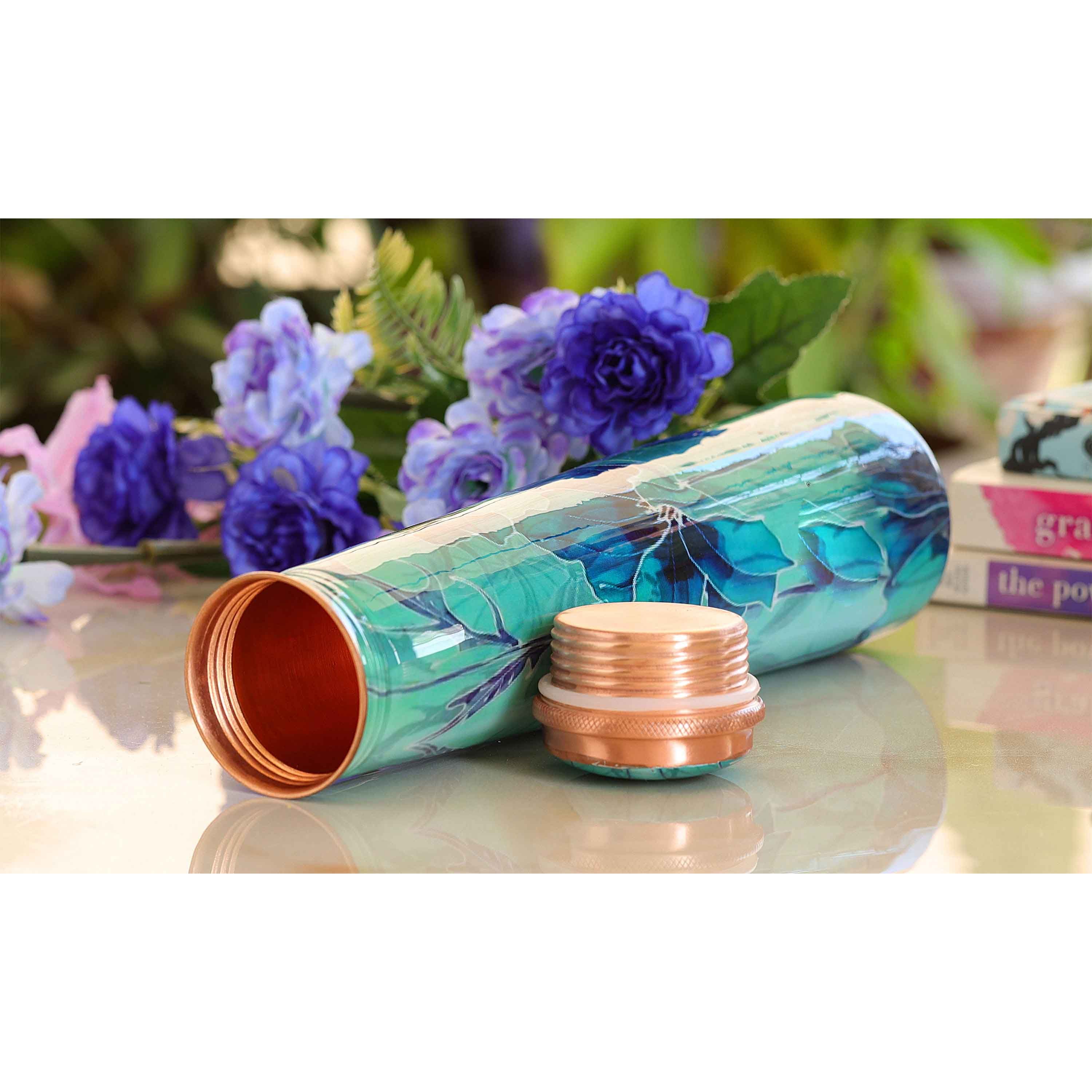 Pure copper bottle with slim tube pyramid shape – green leaf print - 750 ML 099